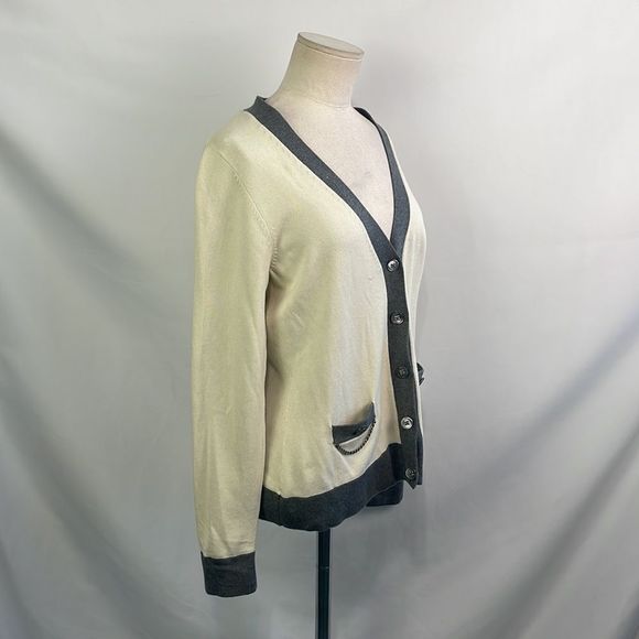 J Mcloughlin Cream With Gray Trim Chain Trim Cardigan - Picture 2 of 7